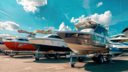 Boats on a trailer in the parking lot of a boat sports store for sale or rental, a sunny day with a blue sky in the background. luxury ship, maintenance, and parking place boat, marine industrial