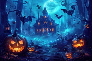 Halloween night background with spooky pumpkins, haunted house and flying bats in dark forest illustration