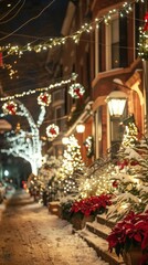 Fototapeta premium Festive Christmas street scene with snowy steps and red poinsettias.