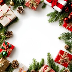 Vibrant and Detailed Creative Christmas Flat Lay with Gifts and Ornaments on White Background