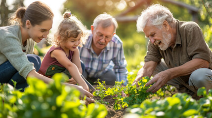 A family of four is working together in a garden, with a grandfather