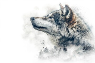 Obraz premium Majestic wolf howling with forest and birds double exposure