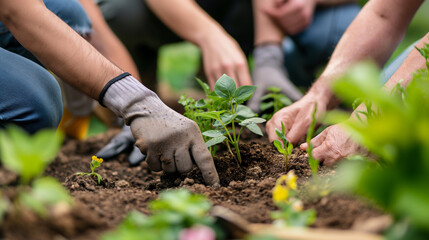Fototapeta premium A group of people are planting flowers in a garden