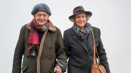 Fototapeta premium Two elderly people are standing next to each other, one wearing a hat and scarf
