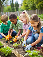 Children planting vegetables in an outdoor setting, highlighting hands-on learning and teamwork