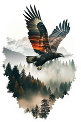 Fototapeta premium Majestic eagle soaring over misty forest with sunset wings
