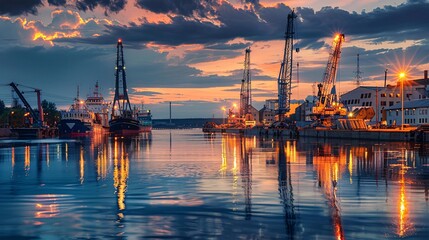 Obraz premium Dusk at a harbor in a metropolis. Dock machinery and freight vessels outlined by a vibrant sundown.