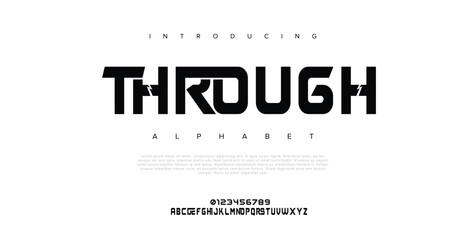 Through Modern minimal abstract alphabet fonts. Typography technology, electronic, movie, digital, music, future, logo creative font.