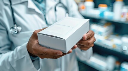 A doctor holding a white box of medicine