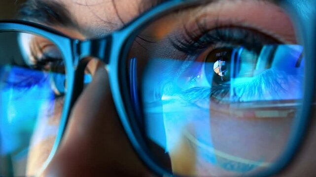 focus on eye close-up view. Focused developer coder wears glasses working on computer looking at programming code data cyber security digital tech reflecting in spectacles developing software program.