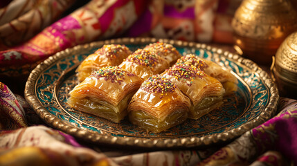 assorted baklava pieces with honey glaze and pistachio adorned with colorful sprinkles served on an ornate turquoise plate with rich vibrant fabric in the background