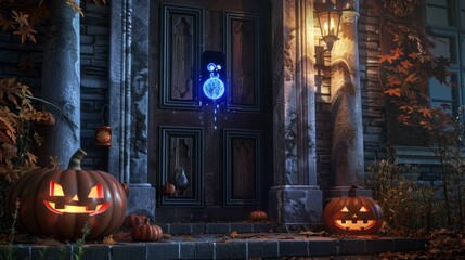 A Haunted Castle Door Lock Surrounded by Spooky Pumpkins and Autumn Leaves