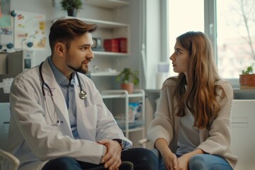 Fototapeta premium Focused man cardiologist or general practitioner in white coat listening heartbeat or young female patient at checkup meeting, preventing cardiovascular, Generative AI