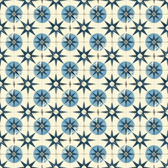 Seamless geometric pattern, vintage texture, blue and white tiles