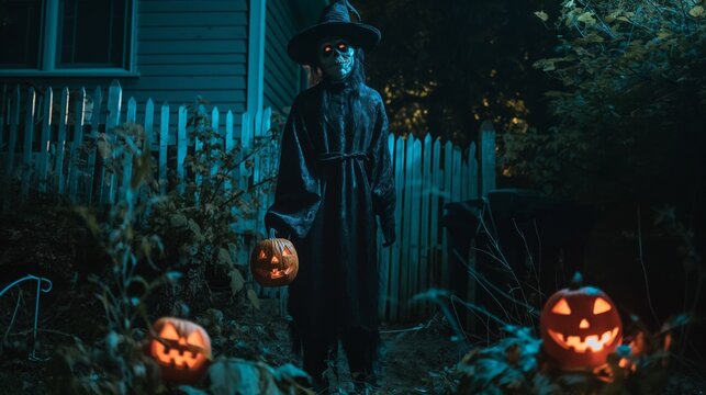 Spooky Halloween Setting With AI Animatronics and Jack-o'-Lanterns at Night