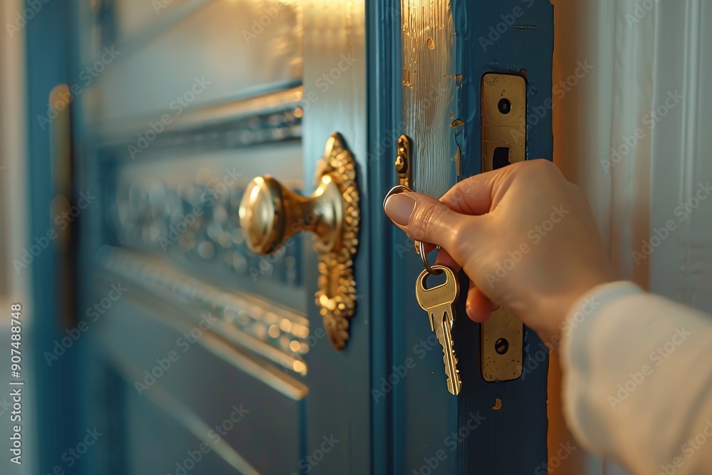 Wall mural Female hand opens the door with a key to unlock the door, Generative AI