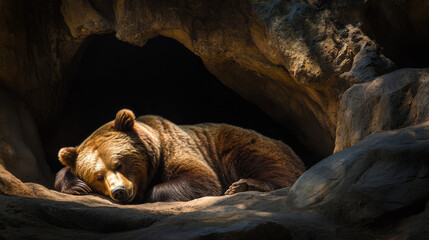 A bear is taking a nap in a cave.