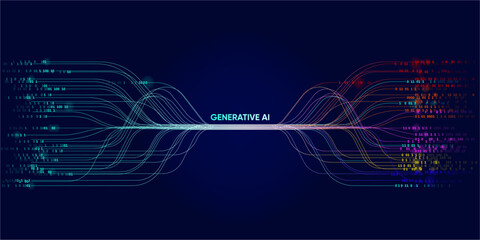 Illustration of abstract stream information with cyan, blue, red and orange line and dot. Big data, technology, AI, data transfer, data flow, large language model, generative ai. Binary concept