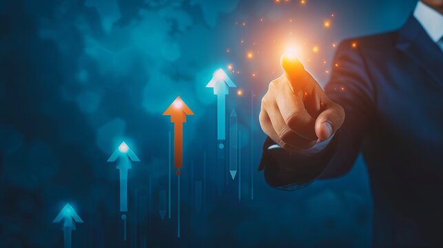 Strategic business growth planning with businessman pointing at rising arrow graph for future corporate success and development concepts