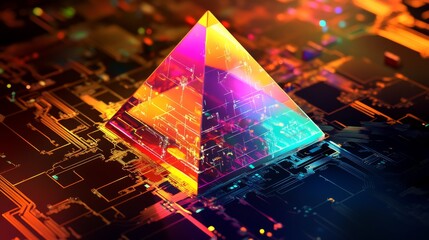 create a vector drawing combining a pyramid shaped prism separating light into different wavelengths of color with digital circuitry