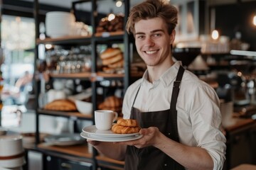 Fototapeta premium Friendly male waiter holding cup of coffee and plate with pastry, serving order for female customer, looking and smiling at camera in cafe, Generative AI