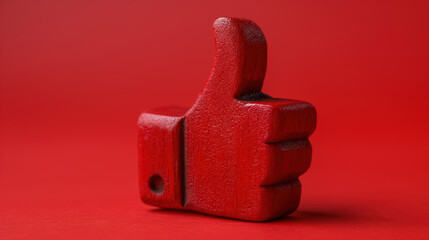 Red thumbs-up sign on a red background, symbolizing approval or like, with a smooth, minimalist design