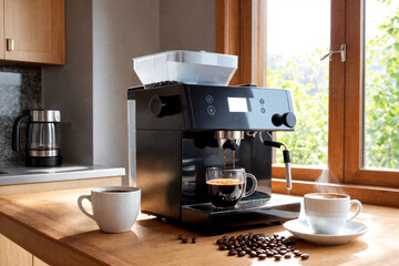 Black coffee machine with cup on counter in kitchen