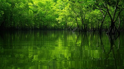 Fototapeta premium A placid mangrove forest at high tide, its green canopy reflecting in the still waters. 