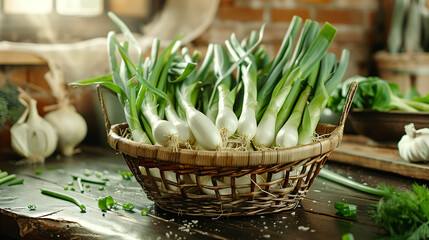 Wicker basket overflowing with fresh leek, ready for use in a rustic kitchen setting