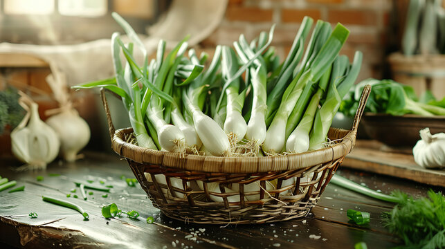 Wicker basket overflowing with fresh leek, ready for use in a rustic kitchen setting