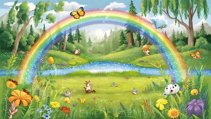 Cartoon summer scene: a rainbow over a meadow in the forest. Illustration for children's background.