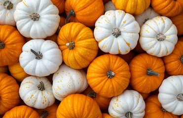White and orange pumpkins together, creating an autumn scene perfect for Halloween decoration and fall