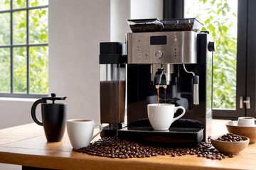 Black coffee machine with cup on counter in kitchen