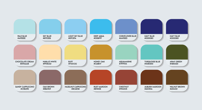 Blue and Brown Color Palette, Blue and Brown Color Guide Palette with Color Names. Catalog Samples of Blue and Brown with RGB HEX codes and Names. Metal Color Palette Vector, Fashion Trend Colors