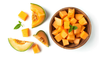 Cantaloupe melon pieces in wooden bowl isolated on white background with full depth of field. Top view. Flat lay