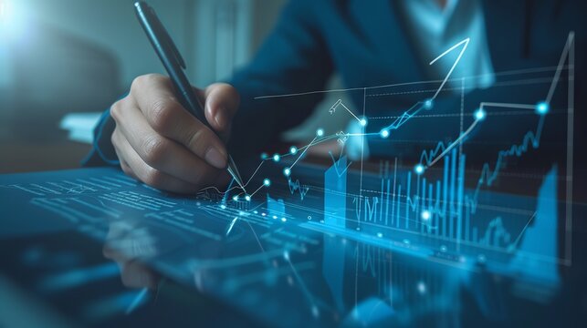 Businessman illustrates growth graph and analyzes financial data for strategic business planning and investment progress on a blue background