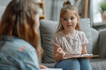 Happy child girl talking to psychologist or therapist, sitting on sofa and talking to specialist with clipboard in hands. Children's psychology and therapy, Generative AI
