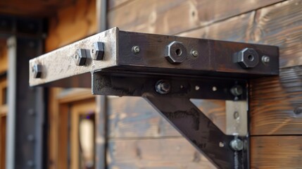 A metal shelf with a wooden frame