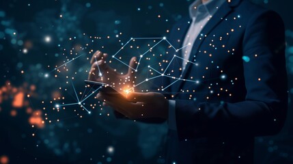 Businessman presenting glowing digital marketing graph with data visualization on dark background, 3D illustration highlighting advanced technology concepts for modern business strategy