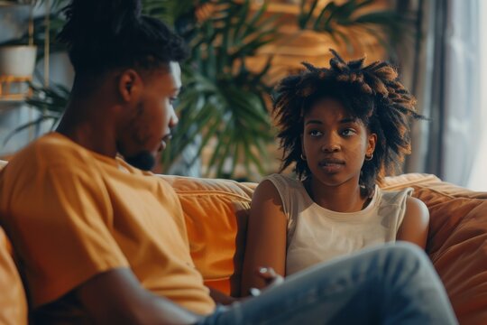 Angry black woman looking at her happy boyfriend chatting with girl, sitting together on couch at home, dishonest in relationships, Generative AI