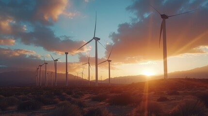 Obraz premium wind turbine at sunset, Eco-friendly energy, Wind power. 