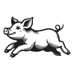 Obraz premium Pig Clipart, Hog Outline Logo, A pig Leaping illustration in black and white 