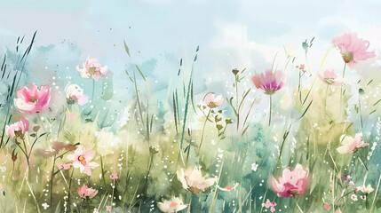 Obraz premium Dreamy Watercolor Meadow Soft Pastels Blend in Nature's Background AI Generative