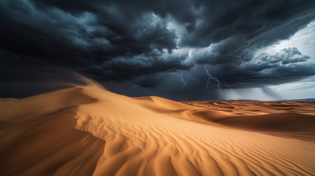 A captivating desert storm, dark clouds rolling in over the dunes, dramatic lighting, wind whipping up the sand, lightning strikes in the distance, intense and dynamic scene.