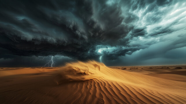 A captivating desert storm, dark clouds rolling in over the dunes, dramatic lighting, wind whipping up the sand, lightning strikes in the distance, intense and dynamic scene.