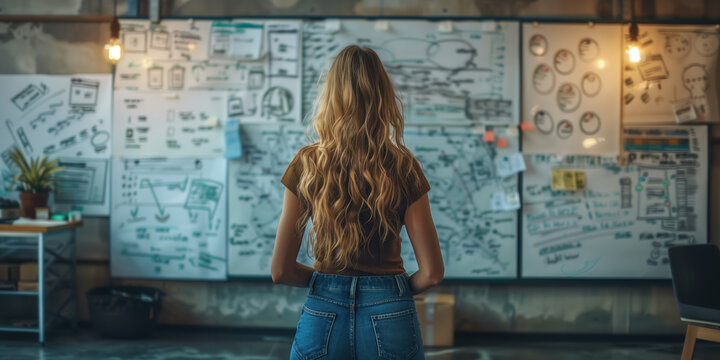 A person or team brainstorming and creating content on whiteboards