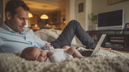 Businessman caring for newborn baby while working remotely from home, balancing professional responsibilities and parenting in a home office environment