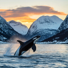 Fototapeta premium A majestic orca leaps from the sunset-lit waters of a Norwegian fjord. As the snow-capped mountains stand tall in the background, the splash of the orca's dive echoes through the winter air.