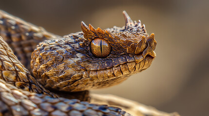 A male nose-horned viper is getting ready to attack.