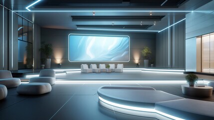 Futuristic Auditorium Awaits: A sleek and modern auditorium, bathed in blue neon light, awaits its audience with plush seating and a panoramic view. 